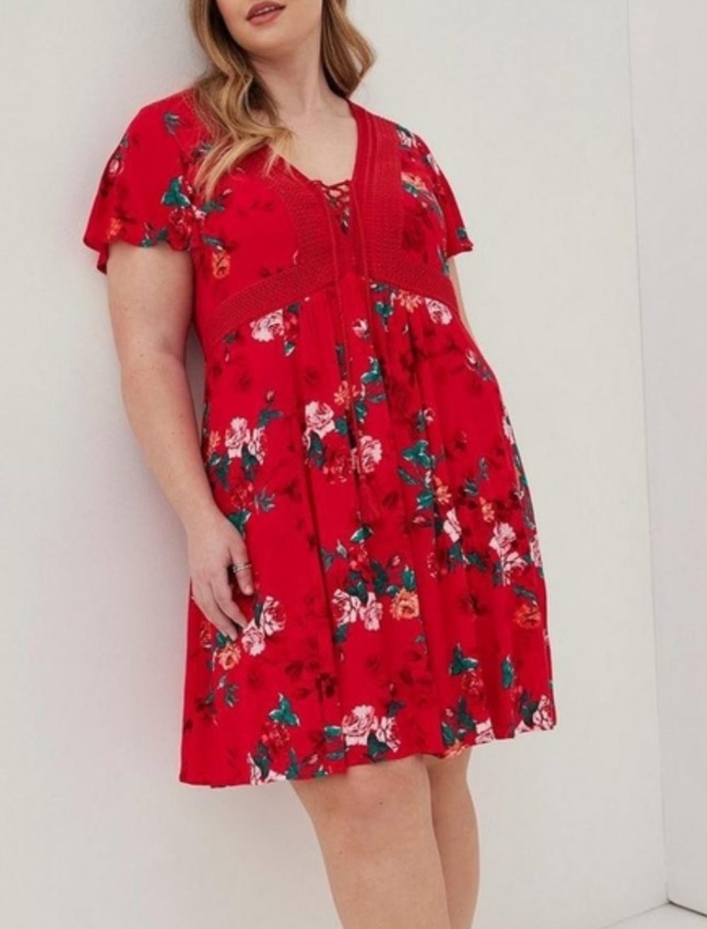 Torrid Mini Gauze Lace-Up Skater Dress Red Floral Size 2